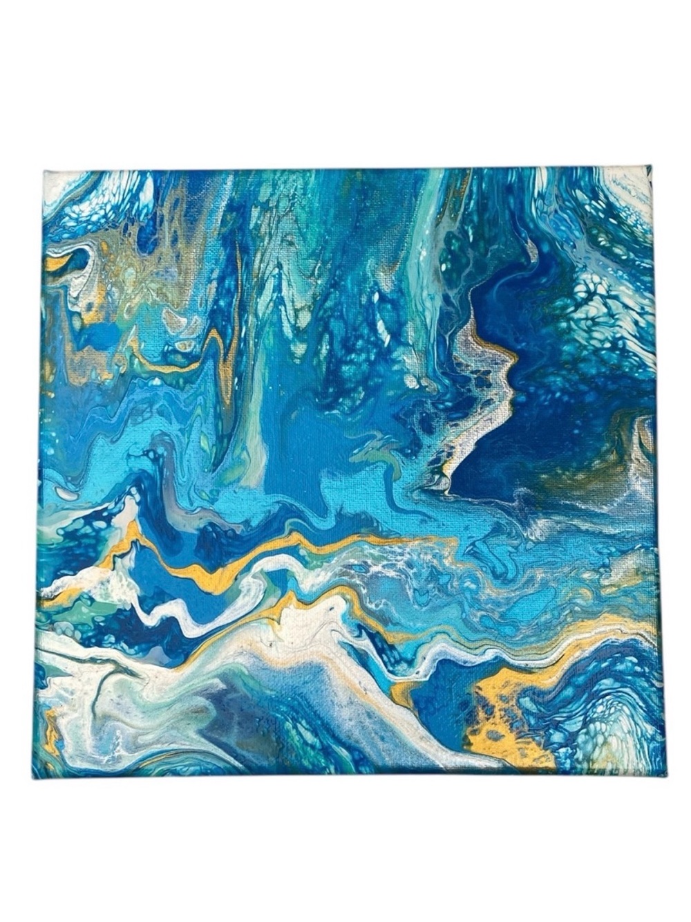 Hand Crafted Acrylic Pour Painting by Svetlana Yeung in Gold Blue White 10”x10”